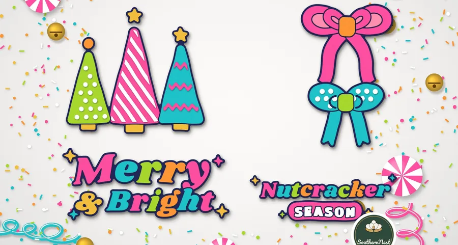 Bows, cone trees and Merry & Bright sayings, SVG design from our Southern Nest Etsy shop