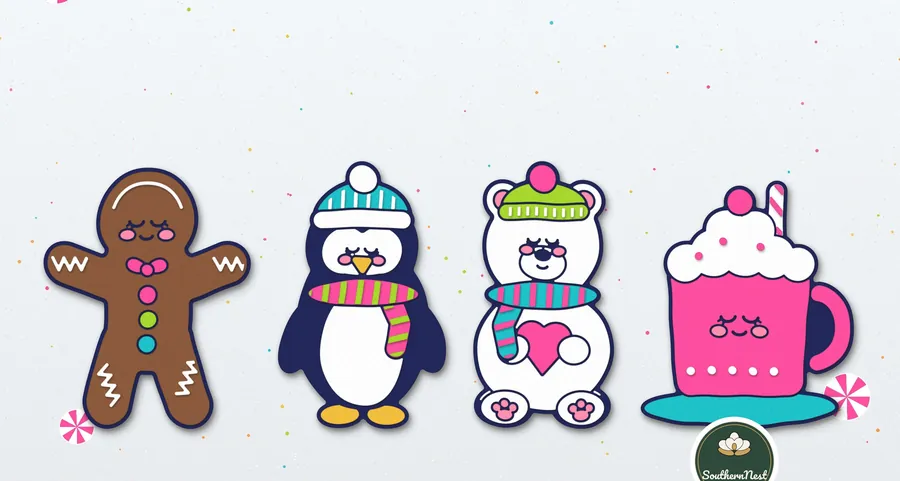 Cozy friends: gingerbread kid, penguin, polar bear and cocoa mug, SVG design from our Southern Nest Etsy shop