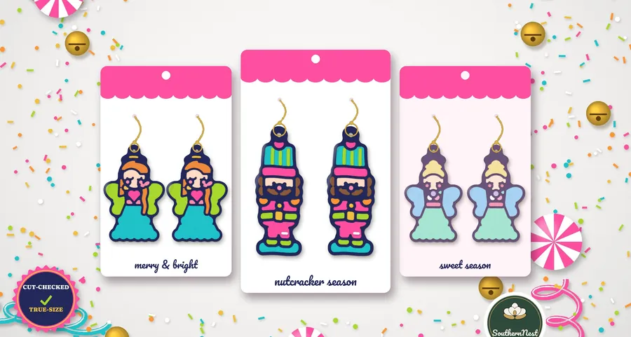 Nutcracker and angel acrylic earrings, SVG design from our Southern Nest Etsy shop