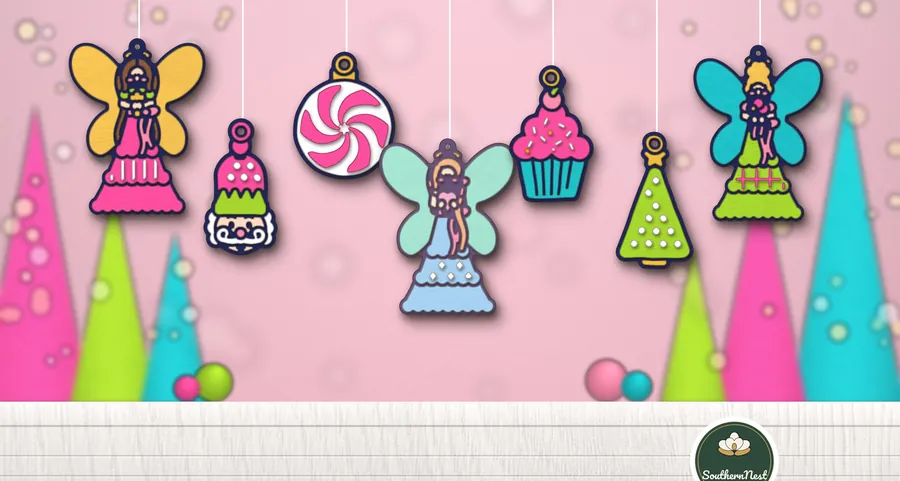 Whimsical angel and peppermint laser ornaments, SVG design from our Southern Nest Etsy shop