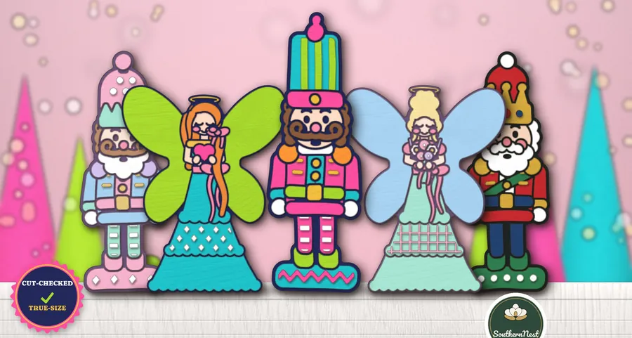 Whimsical pink nutcrackers and angels, SVG design from our Southern Nest Etsy shop