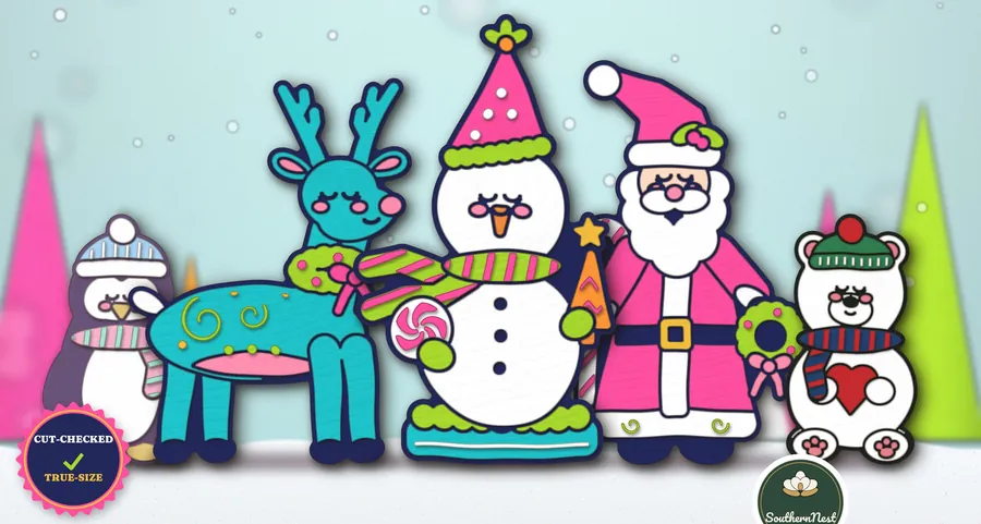 Sleepy Christmas friends: reindeer, snowman, pink Santa and polar bear, SVG design from our Southern Nest Etsy shop