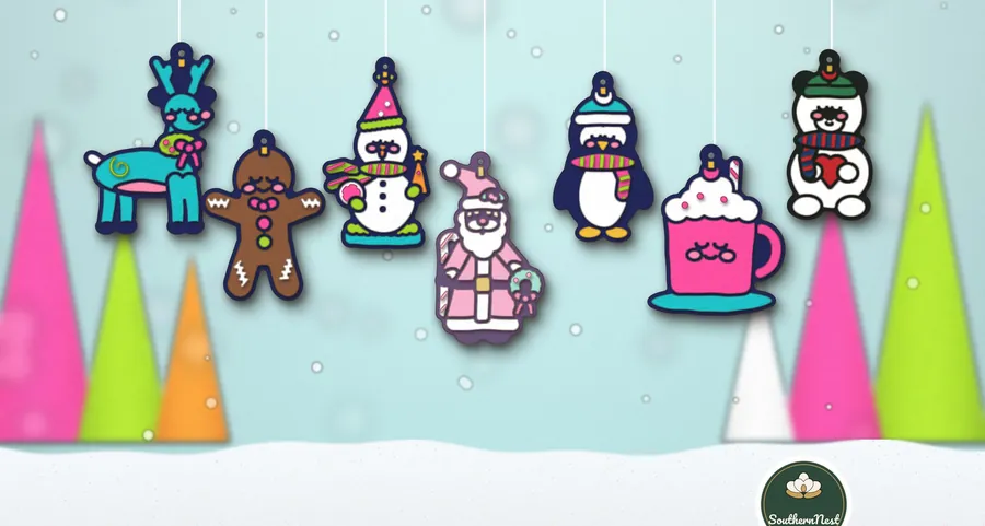 Seven whimsical laser-cut Christmas ornaments, SVG design from our Southern Nest Etsy shop