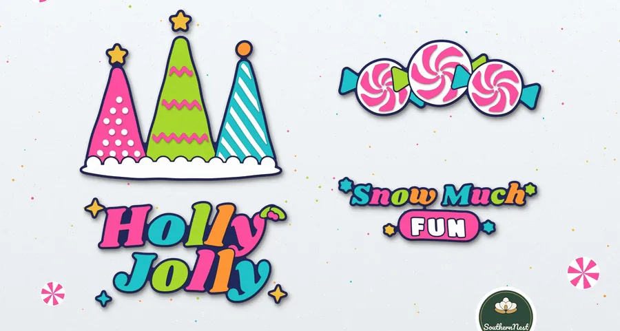 Cone trees, peppermints and Holly Jolly sayings, SVG design from our Southern Nest Etsy shop
