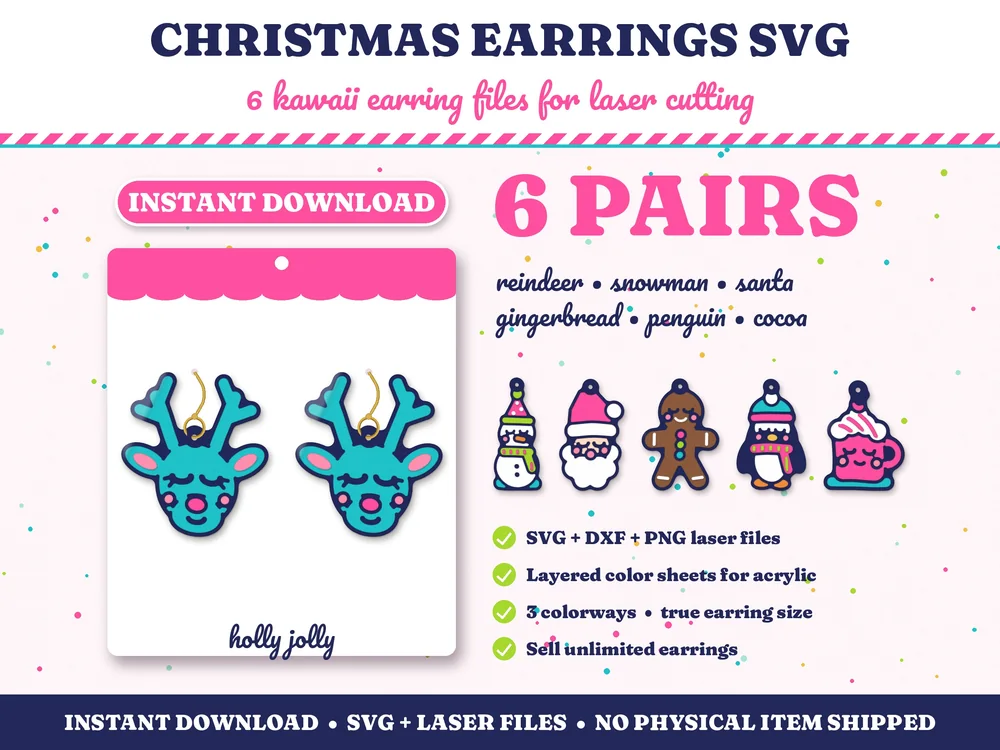 Christmas Earrings SVG: reindeer, snowman, Santa, gingerbread, penguin and cocoa earring designs