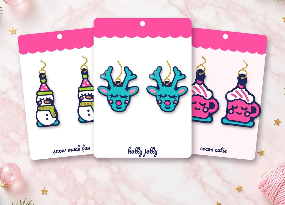 Handmade kawaii Christmas earrings on gift cards: snowman, reindeer and cocoa mug pairs