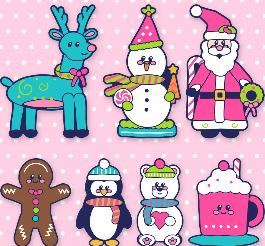 Christmas Friends SVG designs: reindeer, snowman, pink Santa, gingerbread, penguin, polar bear and cocoa mug