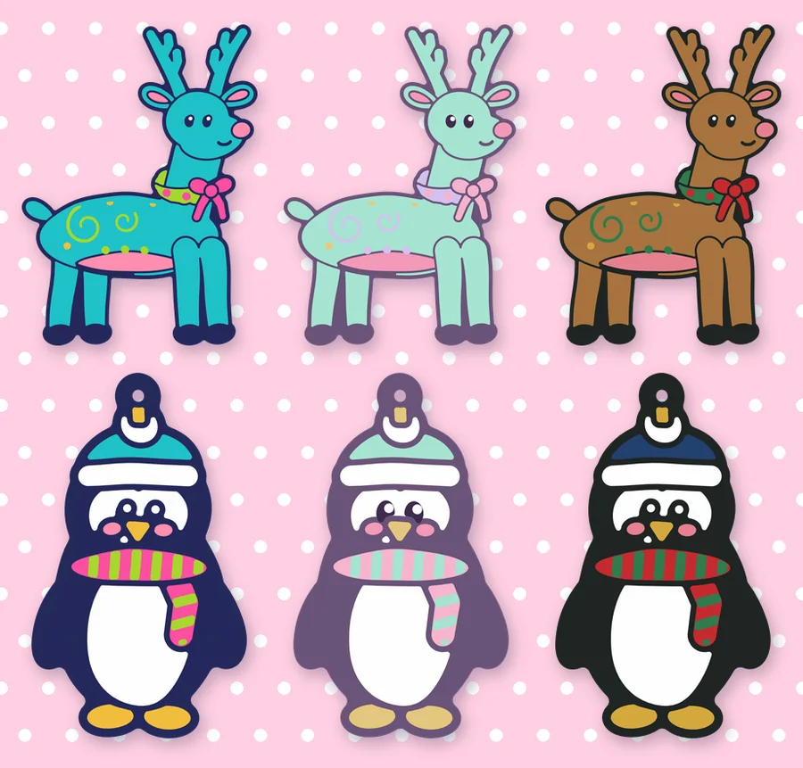 Reindeer and penguin designs in three colorways: brights, pastel and classic
