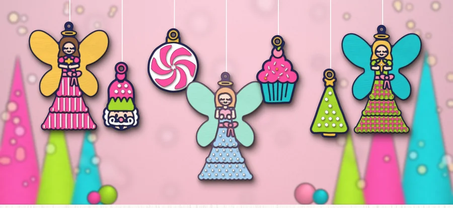 Laser-cut ornaments: gold cross angel, nutcracker head, peppermint, heart angel, cupcake, tree and Christmas star angel