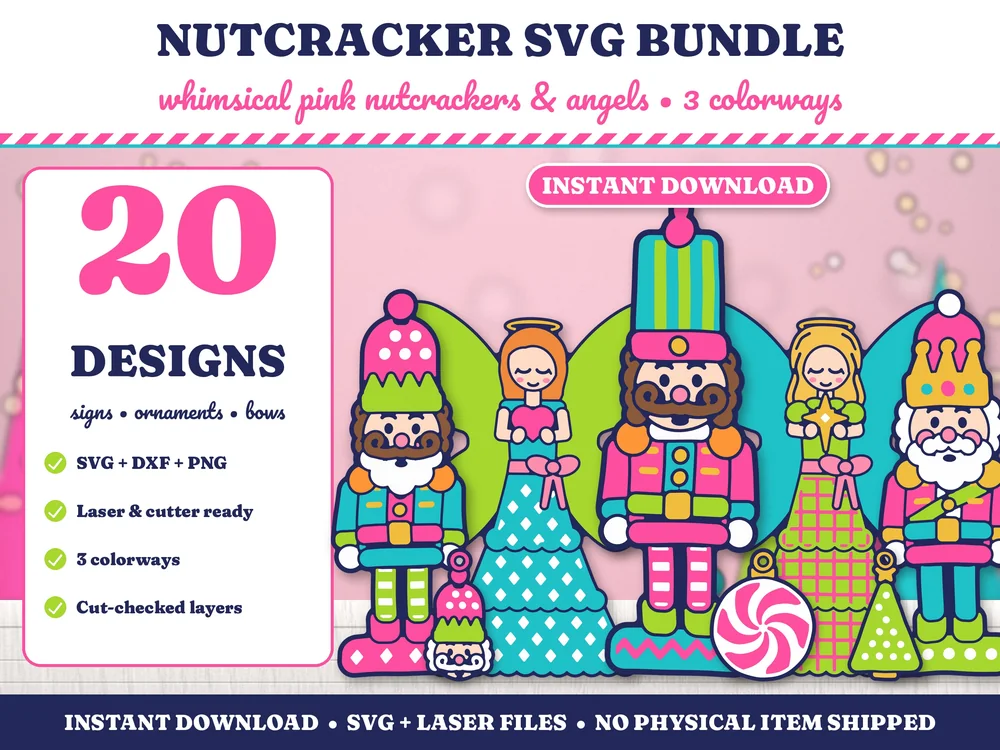 Nutcracker SVG Bundle: whimsical pink nutcrackers and sweet angels holding a heart and a Christmas star, with a peppermint and tree ornament